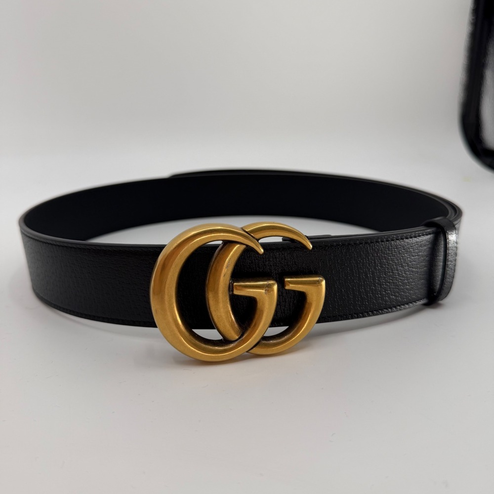 Gucci Double G Marmont Black Leather Belt Antique Brass Buckle 406831 110/44